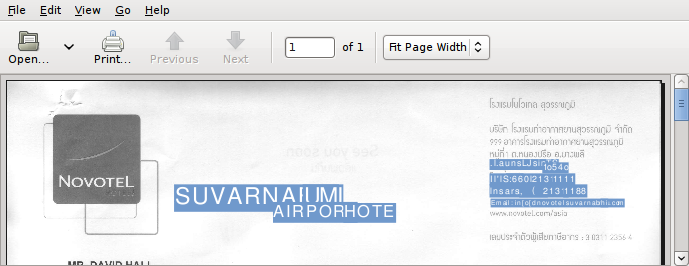 evince showing the scanned page with highlighted text using
OCR