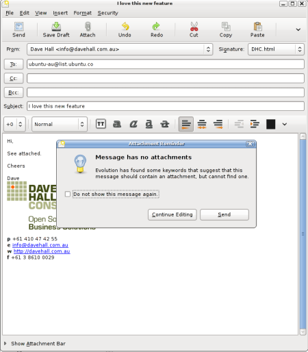Evolution warning about lack of attachment
screenshot