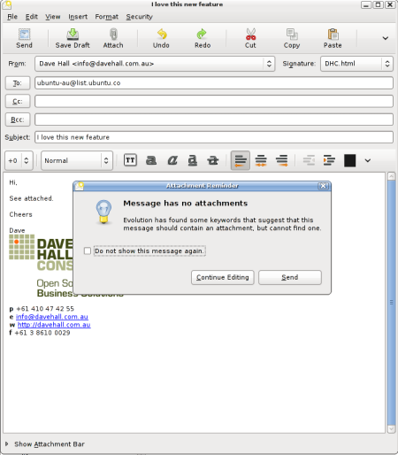 Evolution warning about lack of attachmentscreenshot