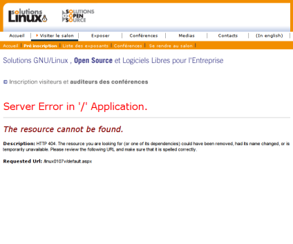 Solutions Linux 2008 Registration page with ASP.NET errorscreenshot
