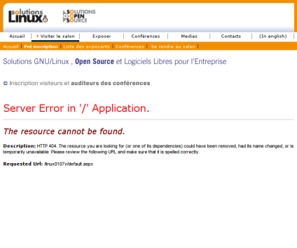 Solutions Linux 2008 Registration page with ASP.NET error
screenshot