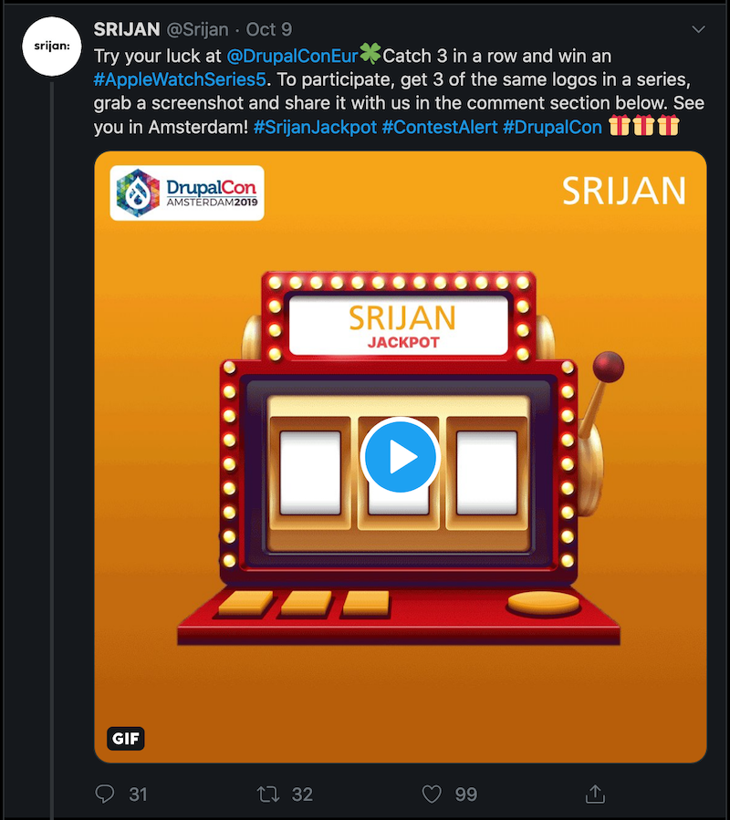 Try your luck at @DrupalConEur Catch 3 in a row and win an
#AppleWatchSeries5. To participate, get 3 of the same logos in a
series, grab a screenshot and share it with us in the comment section
below. See you in Amsterdam\! \#SrijanJackpot \#ContestAlert \#DrupalCon

