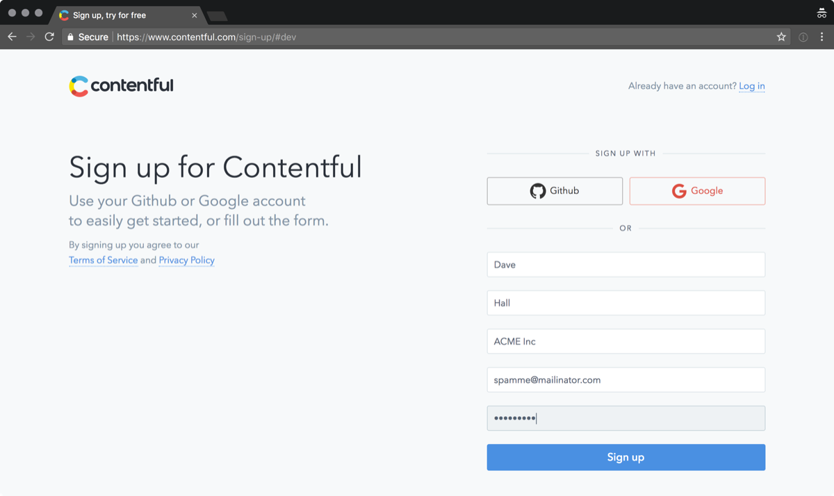 Screenshot: Contentful sign up page