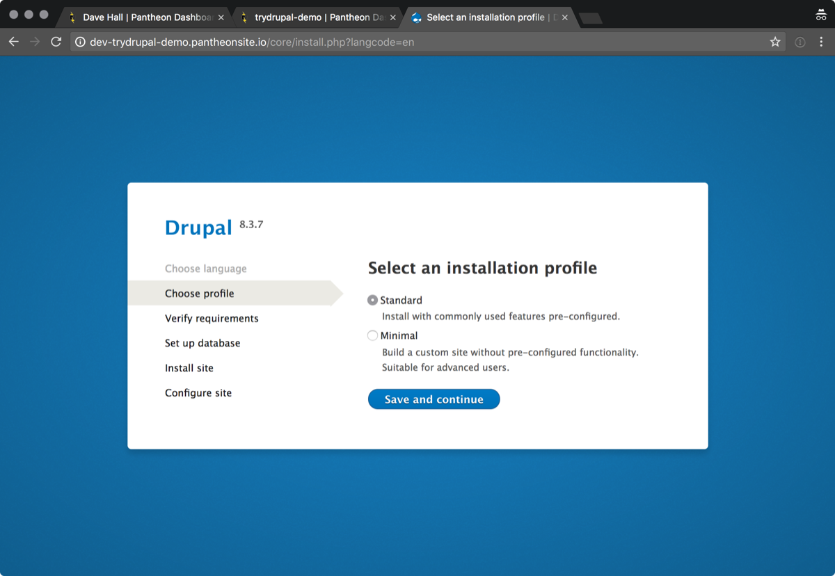 Screenshot: Drupal installer select installation profile