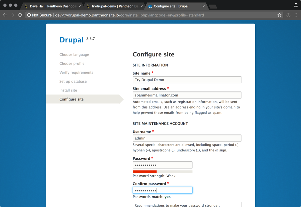Screenshot: Drupal configure site form part 1