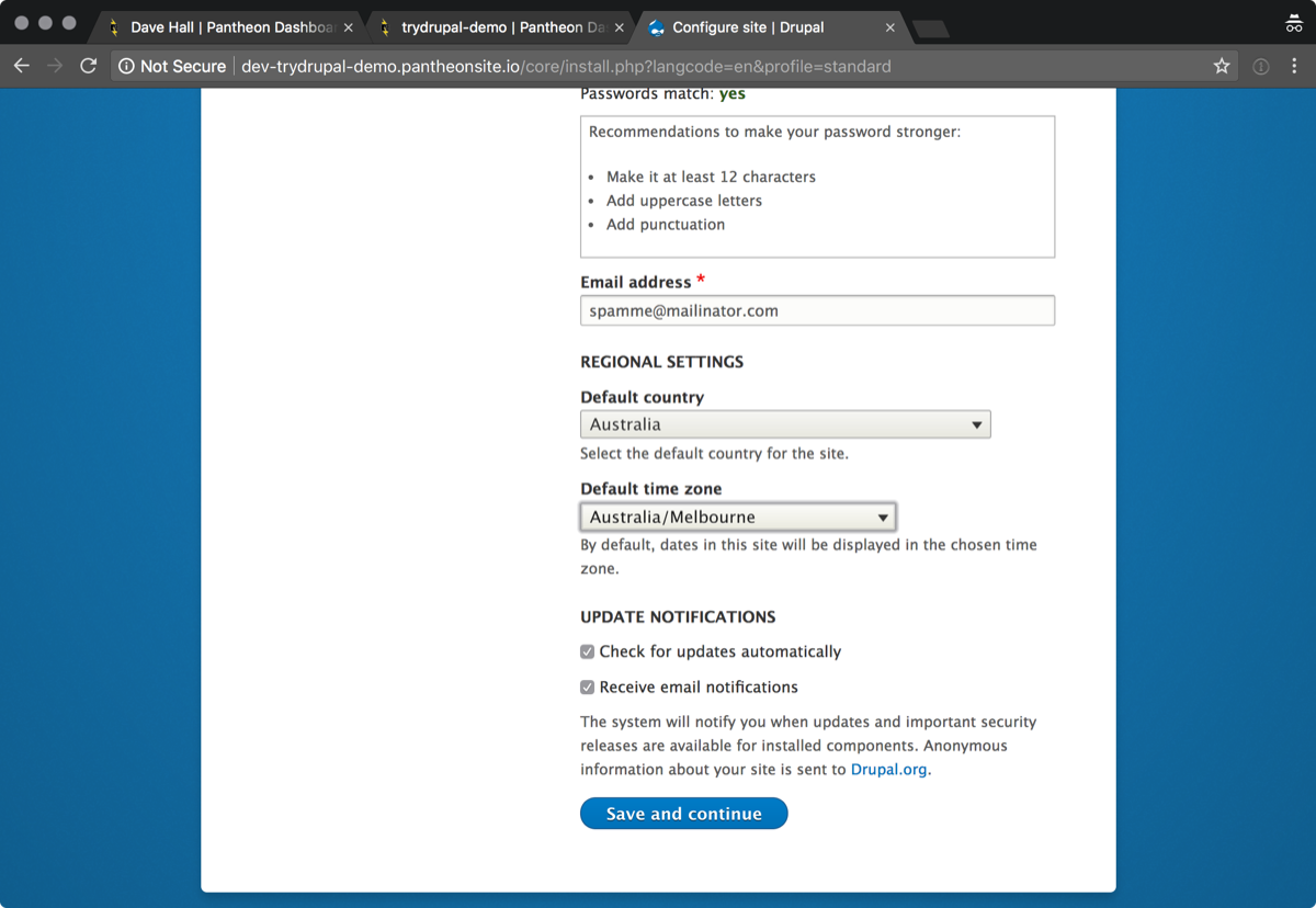 Screenshot: Drupal configure site form part 2