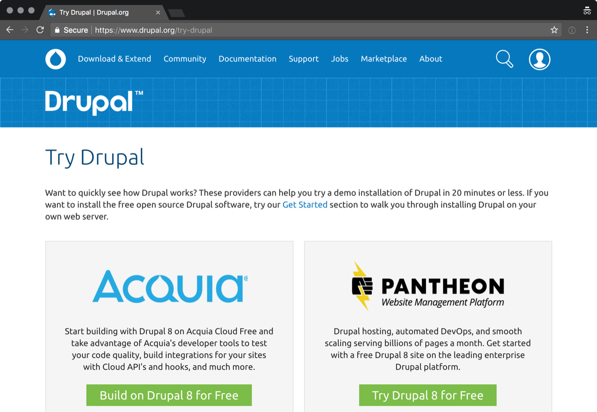 Screenshot: Try Drupal landing page