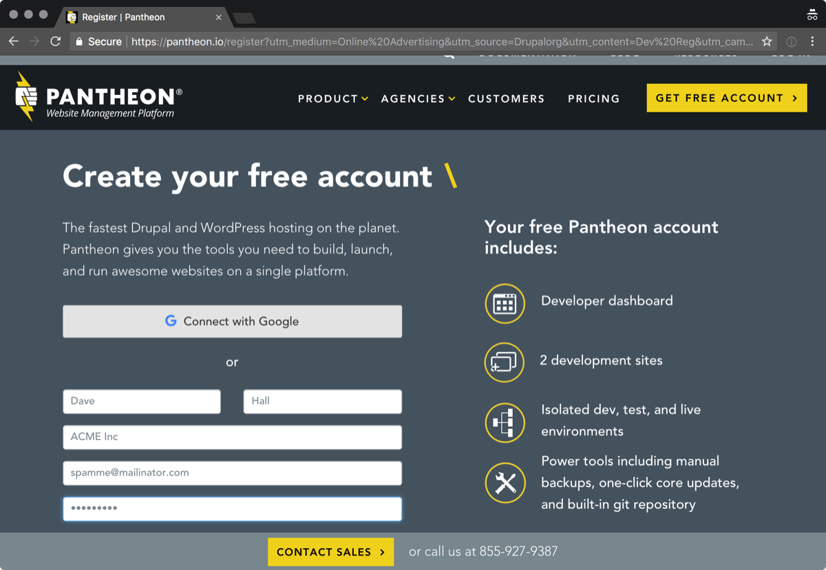Screenshot: Pantheon signup page