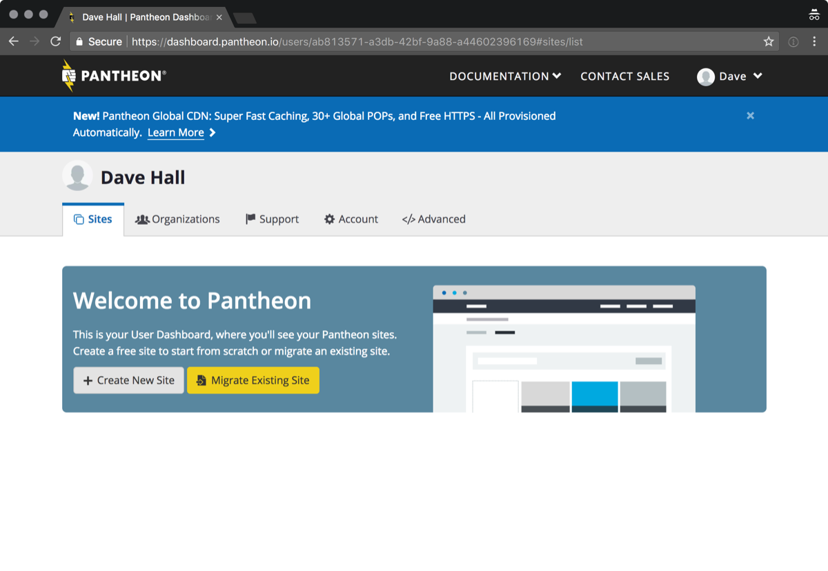 Screenshot: Pantheon dashboard with no sites