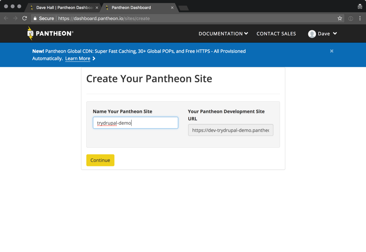 Screenshot: Pantheon create site page
