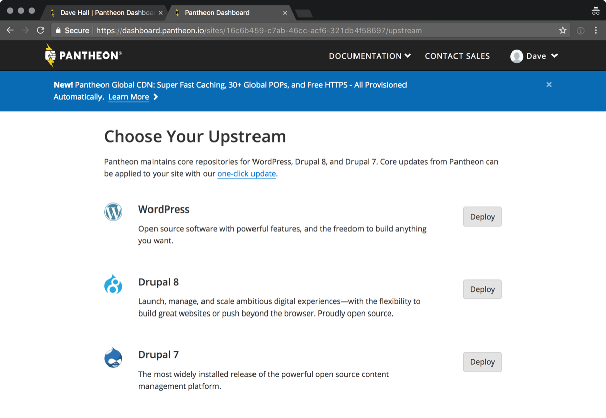 Screenshot: Pantheon “Choose your upstream page”