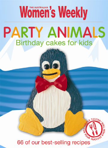 Australian Women’s Weekly Party Animals: Birthday Cakes for KidsCookbook front page featuring Tux (the Linuxmascot